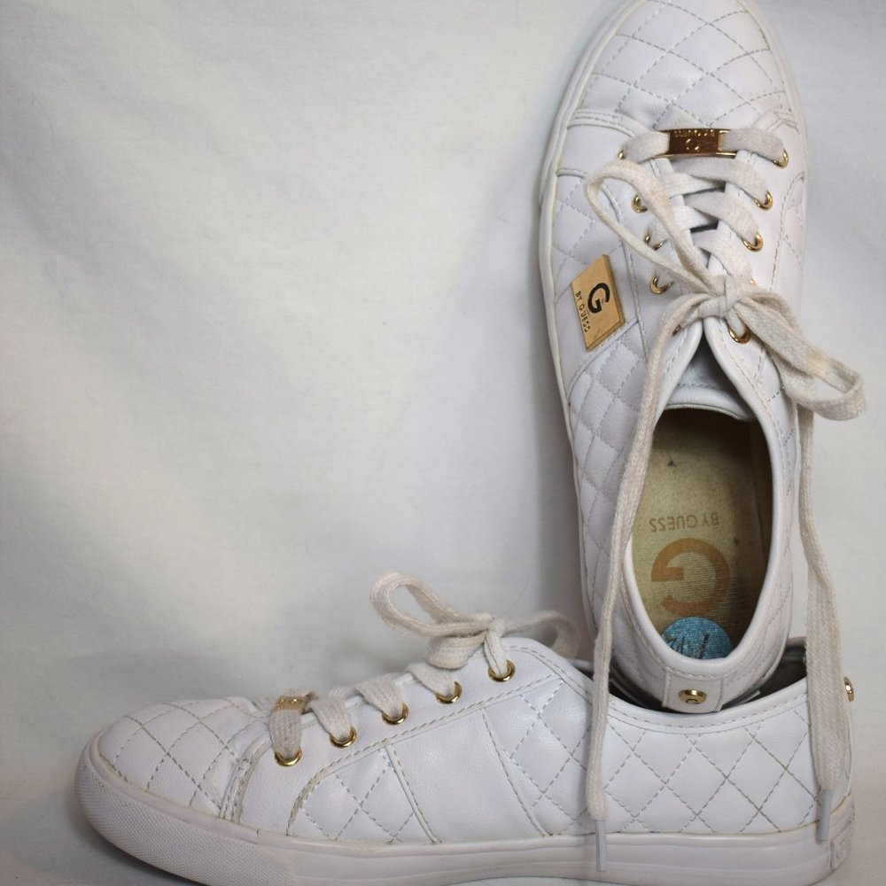 G By Guess White  Lace Up Quilted Tennis Shoes Size 7 1/2